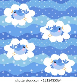Seamless pattern with funny birds and white clouds on blue polka dot background.