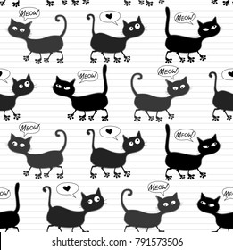 Seamless pattern with funny black cats. Vector illustration