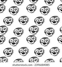 Seamless pattern with funny black monster faces on white background. Hand  drawn vector illustration