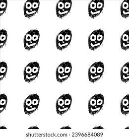 Seamless pattern with funny black monster faces on white background. Hand  drawn vector illustration