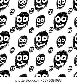 Seamless pattern with funny black monster faces on white background. Hand  drawn vector illustration
