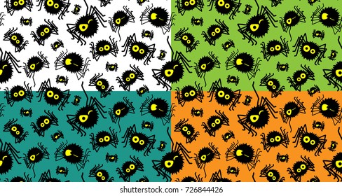 Seamless pattern with funny black spiders on white, green, blue and orange backgrounds
