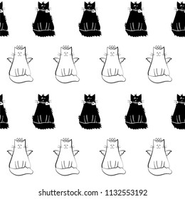 Seamless pattern with funny black and white cat silhouettes.
