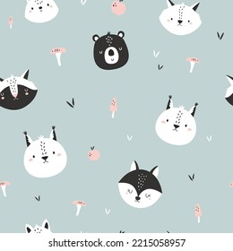 Seamless pattern with funny black and white animals in scandinavian style. Decorative design for prints, packaging, wallpaper, wrapping paper