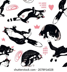 Seamless pattern of funny black-white cats lying in different poses.Vector background with pets and abstract shapes pink color.Childish  print with hand drawn animals.Perfect for textile,fabric,cover.