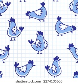 Seamless pattern with funny blue chicken on a checkered background. Hand drawn vector illustration.