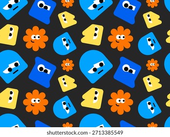 Patrón sin fisuras de divertidas mascotas de dibujos animados geométricos azules y naranjas sobre fondo negro para papel de regalo