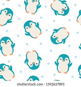 Seamless pattern with funny blue penguins on a white background
