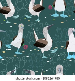 Seamless pattern with funny blue-footed boobies