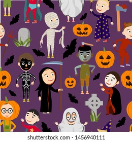 Seamless pattern. Funny boys in scary costumes for celebrating Halloween. Cute mummy, death, zombies, vampire, superhero, witch, ghost, devil, skeleton and pumpkin. Trick or treat. Vector illustration