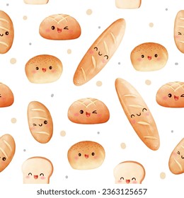 Seamless pattern funny bread Sweet bakery food Printable for fabric Book Cafe Wrapping paper Watercolor style