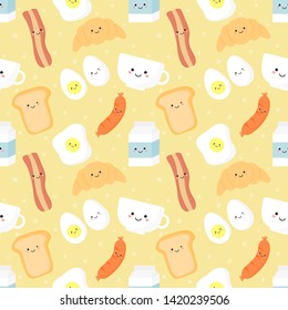 seamless pattern funny breakfast food and drinks characters kawaii style isolated on cream background. illustration vector.