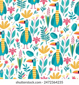 Seamless pattern with funny bright exotic tropical fantasy birds and flowers  on white. Great for fabrics, especially for linens, wrapping papers, wallpapers, covers. Vector illustration in flat style