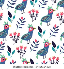 Seamless pattern with funny bright exotic tropical fantasy birds and flowers  on white. Great for fabrics, especially for linens, wrapping papers, wallpapers, covers. Vector illustration in flat style