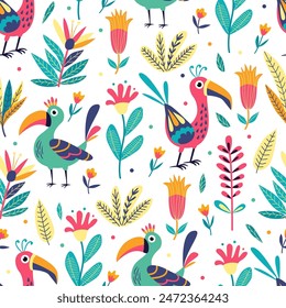 Seamless pattern with funny bright exotic tropical fantasy birds and flowers  on white. Great for fabrics, especially for linens, wrapping papers, wallpapers, covers. Vector illustration in flat style