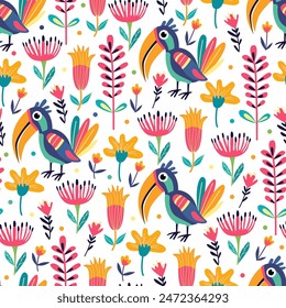 Seamless pattern with funny bright exotic tropical fantasy birds and flowers  on white. Great for fabrics, especially for linens, wrapping papers, wallpapers, covers. Vector illustration in flat style