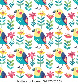 Seamless pattern with funny bright exotic tropical fantasy birds and flowers  on white. Great for fabrics, especially for linens, wrapping papers, wallpapers, covers. Vector illustration in flat style