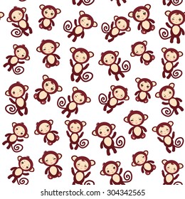 seamless pattern with funny brown monkey boys and girls on white background. Vector