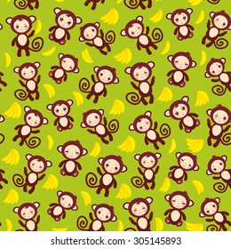 seamless pattern with funny brown monkey, yellow bananas, boys and girls on green background. Vector