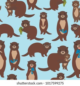 Seamless pattern Funny brown otters with fish on blue background. Kawaii animals. Vector