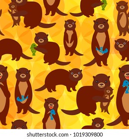 Seamless pattern Funny brown otters with fish on yellow orange background. Kawaii animals. Vector