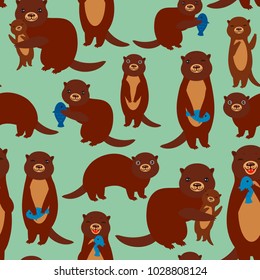 Seamless pattern Funny brown otters with fish on green background. Kawaii animals. Vector