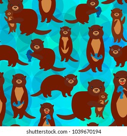 Seamless pattern Funny brown otters with fish on blue background. Kawaii animals. Vector