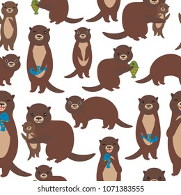 Seamless pattern Funny brown otters with fish isolated on white background. Kawaii animals. Vector