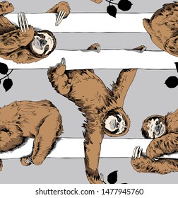 Seamless pattern. Funny brown Sloth on a trunk tree on a gray background. Textile composition, hand drawn style print. Vector illustration.