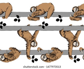 Seamless pattern. Funny brown Sloth on a gray trunk tree on a background. Textile composition, hand drawn style print. Vector illustration.