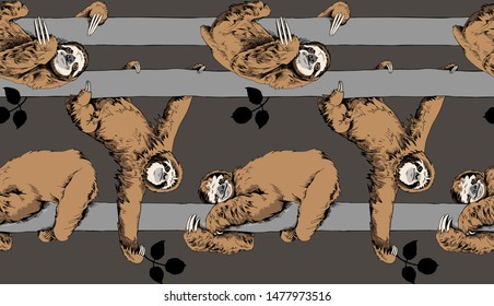 Seamless pattern. Funny brown Sloth on a trunk tree on a dark gray background. Textile composition, hand drawn style print. Vector illustration.