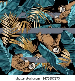 Seamless pattern. Funny brown Sloth on a trunk tree with a gold palm and blue-green banana leaves on a black background. Textile composition, hand drawn style print. Vector illustration.