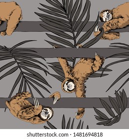 Seamless pattern. Funny brown Sloth on a trunk tree and palm leaves on a gray background. Textile composition, hand drawn style print. Vector illustration.