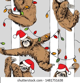 Seamless pattern. Funny brown Sloth in a Santa'a hat on a trunk tree with a christmas light. Textile composition, hand drawn style print. Vector illustration.