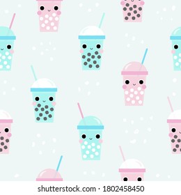Seamless pattern with funny bubble tea. Kids summer print. Vector hand drawn illustration.