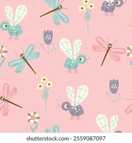 Seamless pattern with funny bug. Background with happy cartoon insects. Colorful hand drawn print.