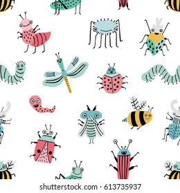 Seamless pattern with funny bug. Background with happy cartoon insects. Colorful hand drawn print.