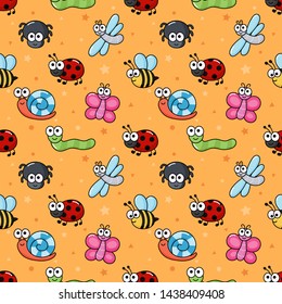 seamless pattern funny bugs. cartoon insects isolated on orange background. illustration vector.