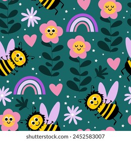 Seamless pattern with funny bumblebees with large flowers with smiling faces and other plants on a green background.Vector illustration. Cute hand drawn nature pattern for kids.