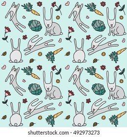 Seamless pattern with funny bunnies. Pattern can be used for wallpaper, pattern fills, web page background,surface textures. Gorgeous seamless background. Colorful pattern.
