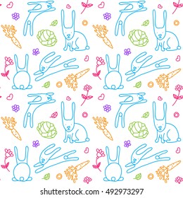 Seamless pattern with funny bunnies. Pattern can be used for wallpaper, pattern fills, web page background,surface textures. Gorgeous seamless background. Colorful pattern.
