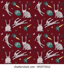 Seamless pattern with funny bunnies. Pattern can be used for wallpaper, pattern fills, web page background,surface textures. Gorgeous seamless background. Colorful pattern.
