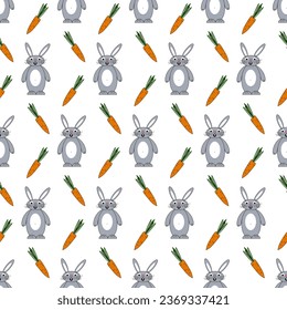 seamless pattern with funny bunnies and carrots. Animals flat vector illustration. For children's clothing, fabrics and packaging, prints and covers, decorative items, bed linen.