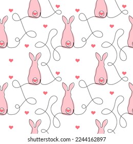 Seamless pattern with funny bunnies and hearts. Continuous one line drawing. Surface design for textile, fabric, wallpaper, wrapping, gift wrap, paper, scrapbook and packaging. Vector illustration
