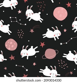 Seamless pattern of funny funny bunnies in space. Planets, rabbits, stars, comets in the dark night sky. Vector graphics.