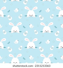 Seamless pattern funny bunny, bird, flowers and eggs. Beautiful decorative rabbit background, Element for design easter.