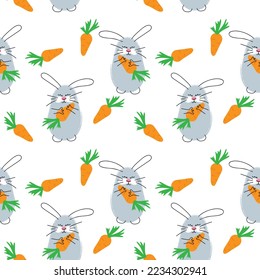 Seamless pattern with funny bunny and carrots.  Cute children's print in cartoon style. Vector illustration