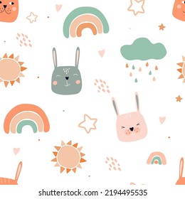 Seamless pattern with funny bunny faces. Cute summer print with baby rabbits, rainbows, clouds, raindrops. Vector graphics.