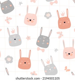 Seamless pattern with funny bunny faces. Cute summer print with baby rabbit with crowns and butterflies. Vector graphics.