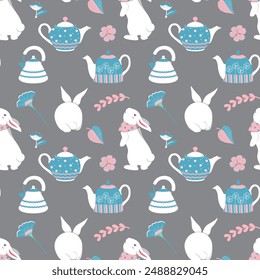 Seamless pattern with funny bunny, flora and teapot. Gray background.  Perfect for kids apparel, greeting card design, fabric print, baby shower, wrapping paper design, baby prints, home textiles.